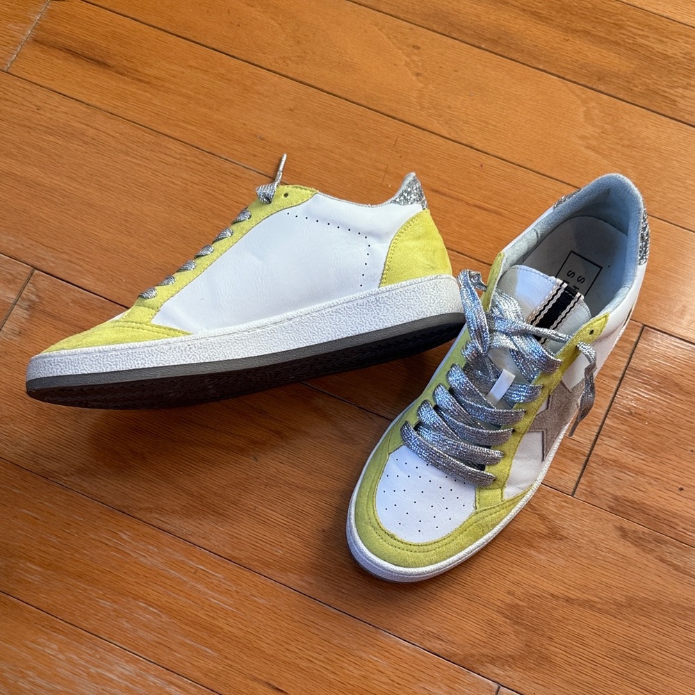 Womens White and Yellow Sneakers with Silver Accents